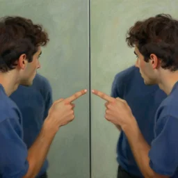 mirrored image of a guy pointing a gut at his reflection. mirrored vertical. centered. by matisse.