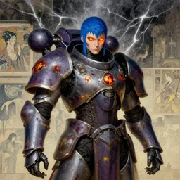 composition of gothic and futuristic young mainem, warhammer, cyber armor, scars, thunderstorm, blue head, fire eyes, some red and purple and yellow, the middle ages, highly detailed, artstation, in the style of moebius, jugendstil and classic japanese print, art by anka zhuravleva, mary jane ansell