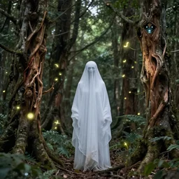 a ghost lady of the forest with wood spirit in the trees with will o the wisp, photorealistic, by greg rutkowski, wlop, 4 k resolution h 7 6 8