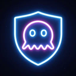 neon logo of a space invader on a shield