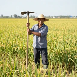 a farmer, in the vast fields, holding a hoe, very bright sunshine, farmer wearing a straw hat