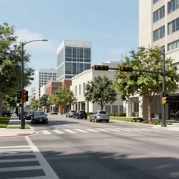 a Tallahassee city street with a traffic light and buildings in the background, a digital rendering by Elbridge Ayer Burbank, featured on flickr, american scene painting, anamorphic lens flare, streetscape, synthwave