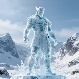 photography of a hyper realistic clear ice statue of un unknow viking warrior god. stuning, intricate, complexe. snowy mountains dream landscape. professional digital art, unreal engine 5