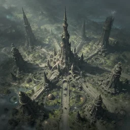 eerie but beautiful dream city unknown kadath, bird's eye view, extremely detailed, in the style of Craig Mullins and Marc Simonetti,