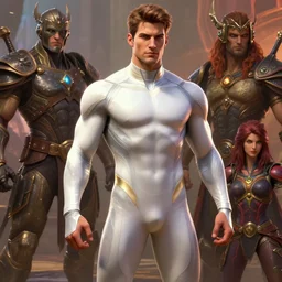 realistic slim muscular male light armor suit tight clothes superhero, fantasy digital art, vivid color style artstation, style greg rutkowski and frank frazetta and mucha and richard corben, octane render, unreal engine 6, epic game graphics, fantasy, conceptual art, ray tracing, specular highlights