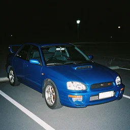 retro 90s 97’ film photo harsh flash. Night time dark dimly lit parking lot. 1996 blue Subraru WRX STi front side view driving in parking lot. ((Polaroid)) harsh flash amateur photo (gold wheels intricate) ((motion blur)) ((low exposure)) aesthetic film grain. Japan 1997
