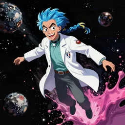 rick sanchez with blue hair and white lab coat, floating in space by josan gonzalez splash art graphic design color splash high contrasting art, fantasy, highly detailed, art by greg rutkowski
