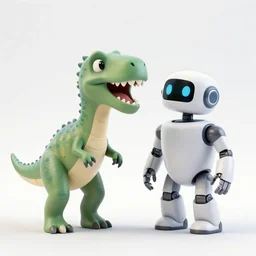 dinosaur talking to a robot, award - winning photo
