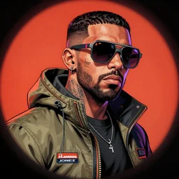 hyper detailed comic illustration of a cyberpunk Drake wearing a futuristic sunglasses and a gorpcore jacket, markings on his face, by Android Jones intricate details, vibrant, solid background, low angle fish eye lens