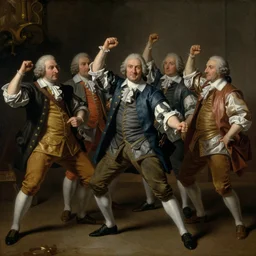 A 17th century Baroque Painting of the Founding Fathers doing Fortnite dances, Fortnite Dances, Fortnite Dancing, grainy, realistic, hyperrealistic, very realistic, very very realistic, highly detailed, very detailed, extremely detailed, detailed, digital art, trending on artstation, detailed faces, very detailed faces, very detailed faces, realism, HD Quality, 8k resolution, intricate details, painting, oil painting, trending on deviantart, Baroque Painting