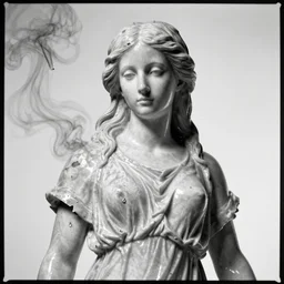 analog photograph portrait of a marble statue of a young woman, long flowing hair, nightgown, heavy film grain, broken pieces, damaged, smoke, sparkles, 8k, sheen, gloss, greyscale, white background, high contrast