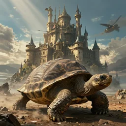 large fantasy castle covering the top of a giant tortoise similar to howls moving castle and mortal engines, the tortoise moves accorss harsh wasteland with sharp rays of sunlight, distant - mid - shot, fantasy, hyper detailed, realistic