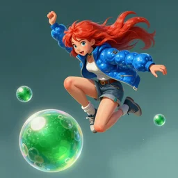 madeline from celeste jumping to a green jelly bubble, blue bubble jacket red long hair, highly detailed, digital painting, artstation, concept art, sharp focus, illustration, art by greg rutkowski and alphonse mucha