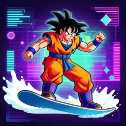 vaporwave, vector graphics, synthwave, neon, son goku snowboarding