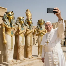 Egyptian Gods taking a selfie with the pope , professional photograph 8000 BC
