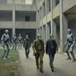 drab workers wearing gas masks walking along cloisters, brutalist courtyard, watched by robots, dystopian, pj crook, edward hopper, oil on canvas