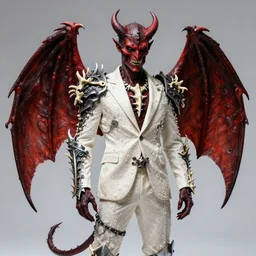 am a devil in armor made of iron and dragon bones, with hellish devil wings, in a chameleon - colored suit with a pearl shade