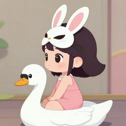 sideview of a small cute girl with big eyes wearing a bunny mask sitting on swan, anime, digital art, matte colors