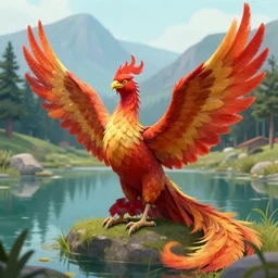 prompt Humanoid phoenix, sitting at a pond, mountainous area, trees in the background, digital art