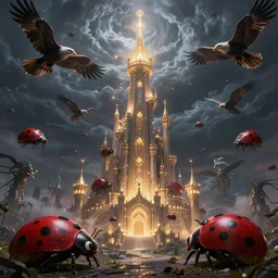 legendary tower of light and magic, fantasy, ultra realistic, highly detailed, elegant, giant ladybugs, eagles, mysterious creatures, storm, castle tower, epic landscape, atmosphere, artstation, cinematic, art by darwin cellis and liang yao and chenxi kang