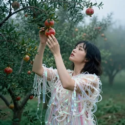 a closeup portrait of a woman wearing a dress made of tangled twisted knotted iridescent ribbon, picking pomegranates from a tree in an orchard, foggy, moody, photograph, by vincent desiderio, canon eos c 3 0 0, ƒ 1. 8, 3 5 mm, 8 k, medium - format print