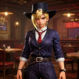 Screenshot of Android 18 from DBZ in western attire in the videogame 'Red Dead Redemption 2' within the interior of a saloon environment. Sharpened. 1080p. High-res. Ultra graphical settings.
