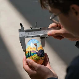 researcher inspects an ostrich egg using large calipers, painting