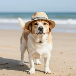 Dog with hat on the beach