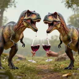photograph of two real dinosaurs drinking wine