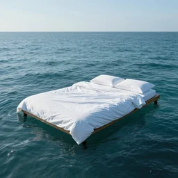 A bed floating in the ocean