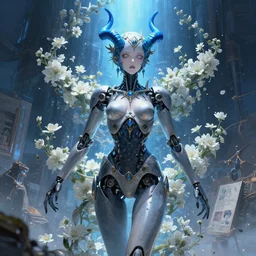 detailed, sharp, dreaming humanoid female automata with blue horns wearing gothic ornament surrounded by white flowers floating above a dystopia by Ilya Kuvshinov and Anna Dittmann and studio ghibli and WLOP and Rossdraws, digital art, surreal, trending on artstation, anime arts, featured on Pixiv, blue lighting, HD, 8K, highly detailed, good lighting, beautiful, epic, masterpiece