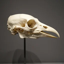 side - portrait of birdskull beak beak. clean bones, raven bones, crow bones, seagull bones, studio lighting, museum exhibit, 3 5 mm, side profile