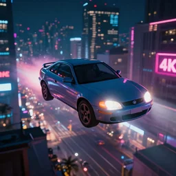 a car flying above a city at night, lots of neon lights, 4 k, ultra detail, volumetric lighting, unreal engine, octane render, tom bagshaw, andreas rocha