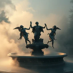 a statue of three nymphs circling a fountain, beautiful atmosphere, smoke, cinematic