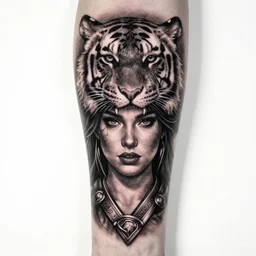 tattoo design of a beautiful girl warrior with a tiger head above her, hyper realistic, realism tattoo, by eliot kohek, beautiful eyes, realistic face, black and white, white background