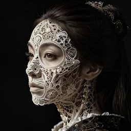 a japanese woman's face in profile, made of intricate lace skeleton, in the style of the dutch masters and gregory crewdson, dark and moody