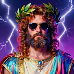 colorful portrait of glamor greek god zeus | wearing sunglasses and a laurel wreath | curly hair, beard | lightning storm background | highly detailed | very intricate | professional model | cinematic lighting | painted by donato giancola and mandy jurgens and charlie bowater | bold colors, artdeco, art deco synthwave anime aesthestic, 8 0 s nostalgia | featured on artstation