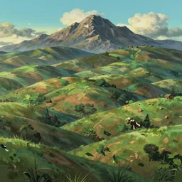 hills and mountains landscape, studio ghibli, pixar and disney animation, sharp, rendered in unreal engine 5, highly detailed, digital painting, artstation, concept art, smooth, sharp focus, illustration, wide angle, artbook, wallpaper, splash art, promo art, dramatic lighting, art by artgerm and greg rutkowski and bo chen and jin xiaodi