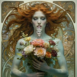 closeup portrait of a beautiful mysterious cyborg, holding a bouquet of flowers, hands disappeared under the bouquet, flowing hair, underwater, bubbles from the mouth, fantasy, regal, intricate, art nouveau, swirly intricate linework background by stanley artgerm lau, greg rutkowski, thomas kinkade, alphonse mucha, loish, norman rockwell