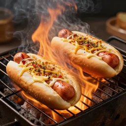 food photo of hot dogs cooking on a grill, flames coming out of grill, 8 k, 8 5 mm f 1. 8