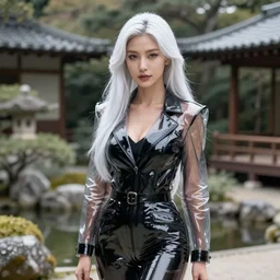 portrait a japanese woman wearing shiny black transparent leather suit in an japanese garden, refined features, moon goddess, long snow - white hair by jean gerome, edward hopper and james jean, hyper detail, 8 k, high resolution, ultra detailed