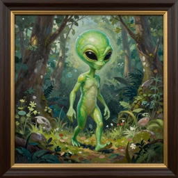 A painting of a Green Alien wandering on the woods, ultradetailed, by Rebecca Guay, trending on artstation, framed picture, 4k