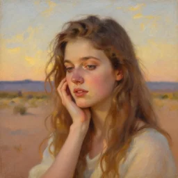 detailed oil portrait of rhea seehorn, dreamlike whistful expression, new mexico background painted by pierre auguste cot, very romantic, beautiful textures, desert sky, golden hour lighting