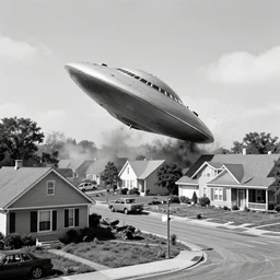 a black and white photograph of an unidentified flying object crashing into a neighborhood, 1 9 8 2 style houses and cars, octane render, hyper realistic - h 1 0 8 8