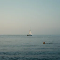 a single sail boat sailing in the distance, calm water, dog, 40mm lens, hazy sky, cinematic