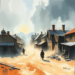 paint brush strokes, abstract watercolor painting of western viking town, midday sharp light, dust, cinematic light, american romanticism by hans dahl, by jesper ejsing, by anders zorn, by greg rutkowski, by greg manchess, by tyler edlin