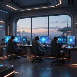 gaming room in 2 0 4 0, scifi, futuristic, virtual reality, simulation, technology, computer, large window, evening, illuminated, highly detailed, artstation, by eutimio garcia