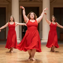 photo europian beautiful fat women with simmetrical beautiful face dressed in a red dress dansing, anatomically correct, full shot, kodak