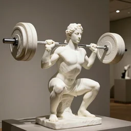 white muscular marble statue doing barbell back squats, heavy weights, museum, portrait lighting, 4 k