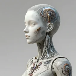 3 d render, biomechanical beautiful young female cyborg with a porcelain profile face, analog, shrimp, squid, crawfish, jellyfish, hexagonal mesh fine wire, sinuous fine roots, alexander mcqueen, art nouveau fashion embroidered, steampunk, mandelbrot fractal, picture taken in 1 9 3 0